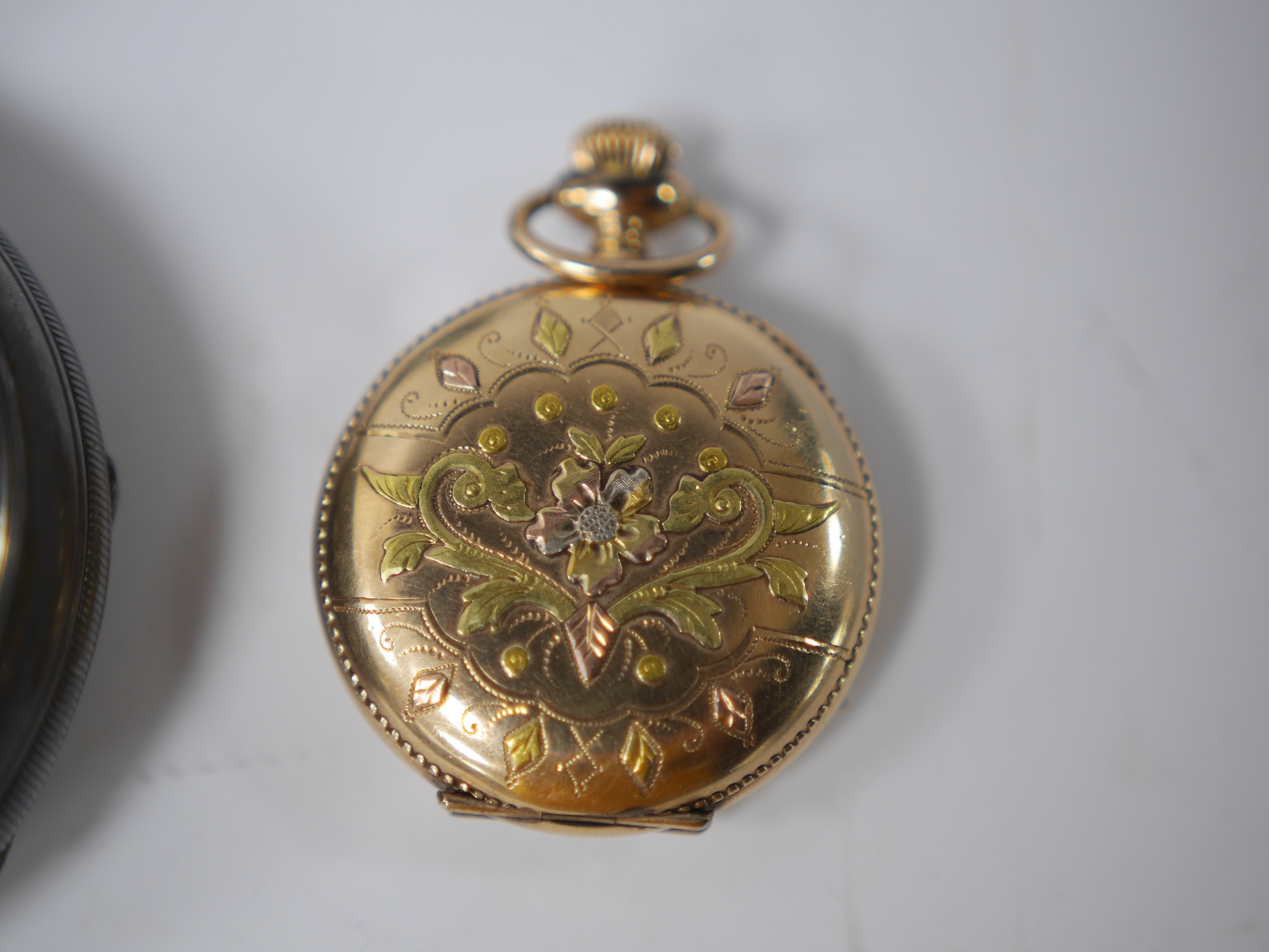 Six assorted pocket and fob watches, including a Victorian silver open faced, case diameter 62mm, a silver half hunter pocket watch with a silver albert and a small plated bosun's call. Condition - poor to fair to good